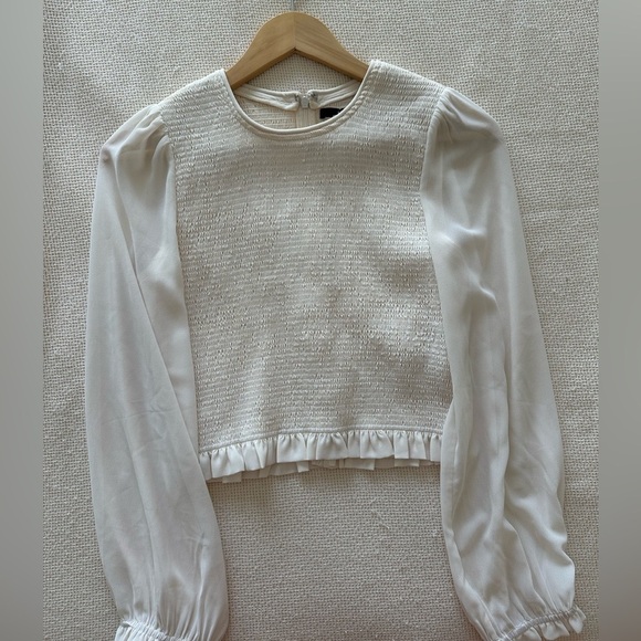 Quince Tops - Quince Chiffon Cropped Smocked Cream Textured Blouse with Long Sleeves